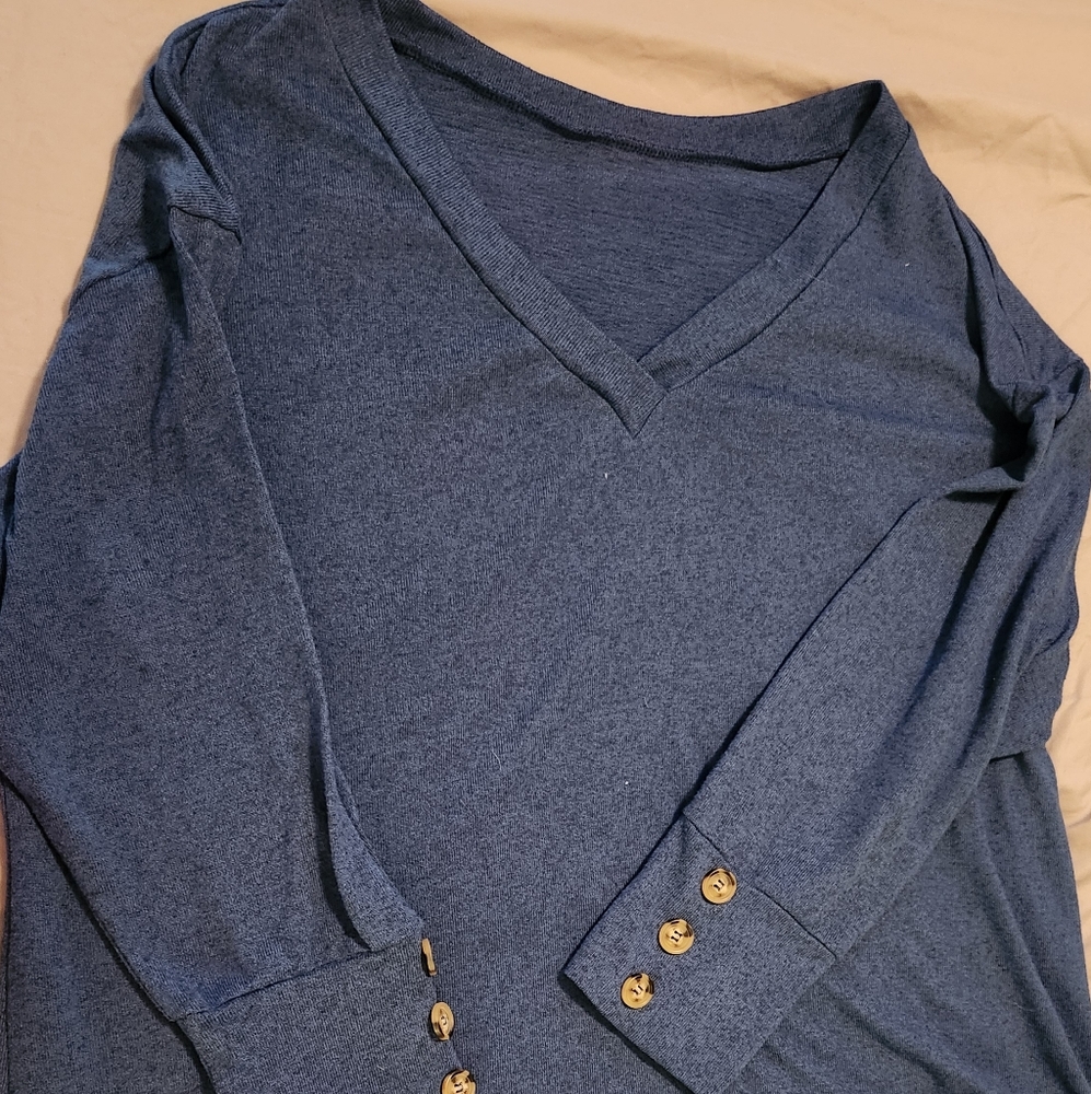 Blue V-Neck Long Sleeve Top with Button Accents